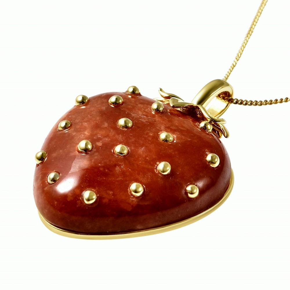 NWT RED JADE STRAWBERRY π PENDANT NECKLACE IN YELLOW GOLD OVER STERLING SILVER - Picture 4 of 6